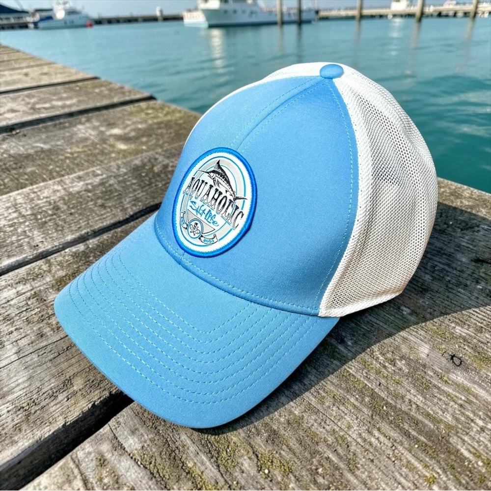 Salt Life Men’s Blue White Aquaholic Stretch Baseball Cap Hat Sz OS